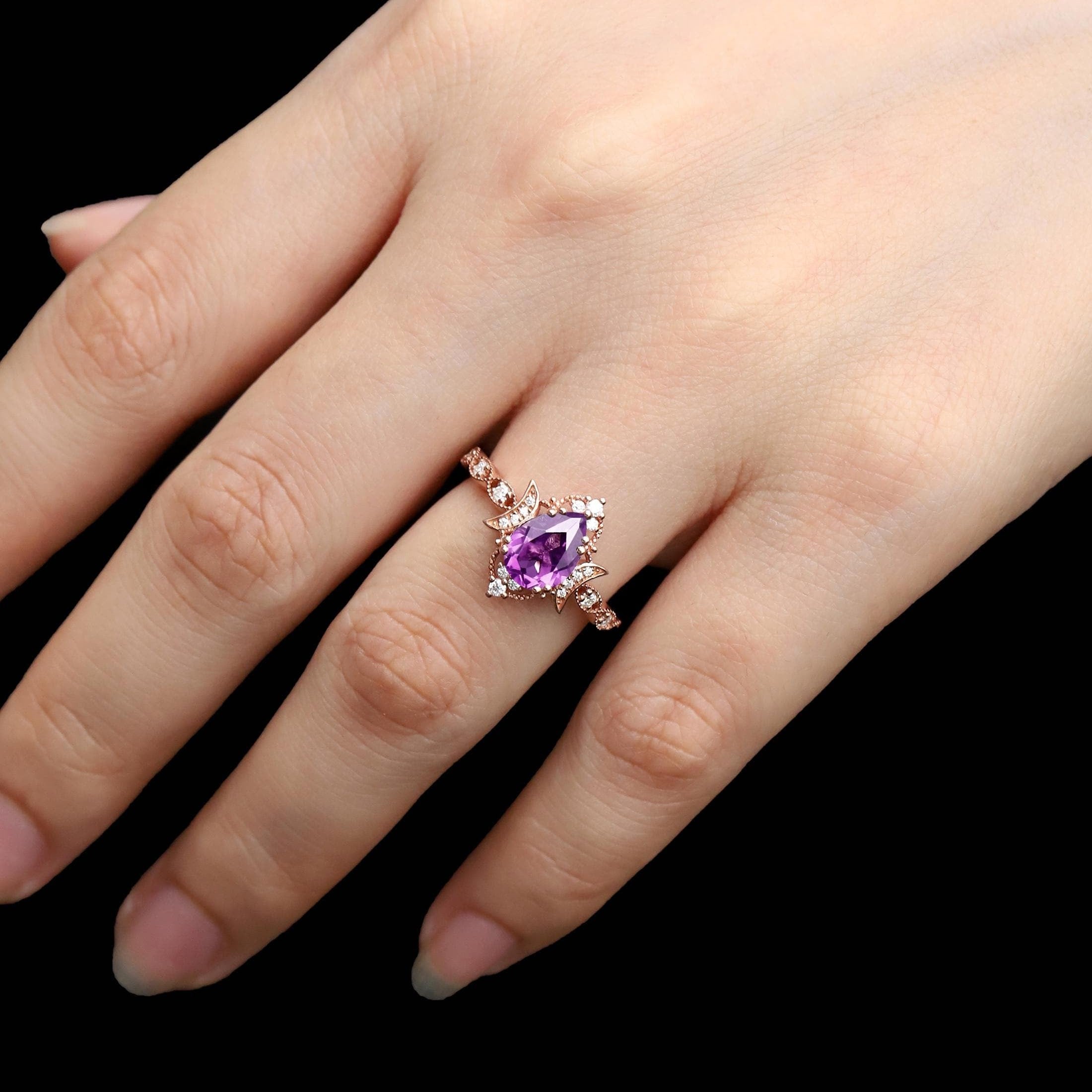 Art Deco amethyst wedding ring black gold couple ring set promise rings his and her rings - anerjuly