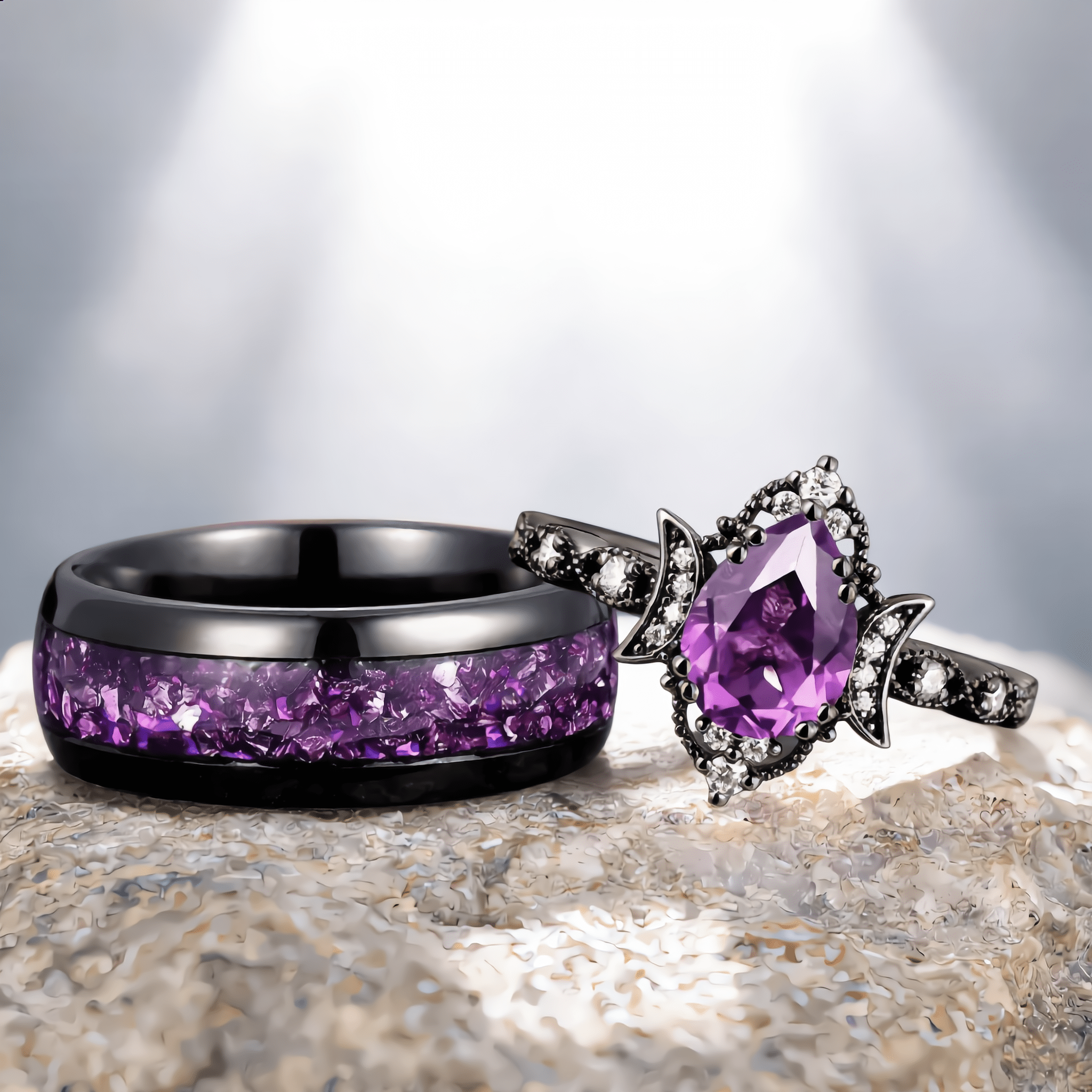 Art Deco amethyst wedding ring black gold couple ring set promise rings his and her rings - anerjuly
