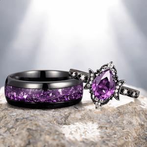 Art Deco amethyst wedding ring black gold couple ring set promise rings his and her rings - anerjuly