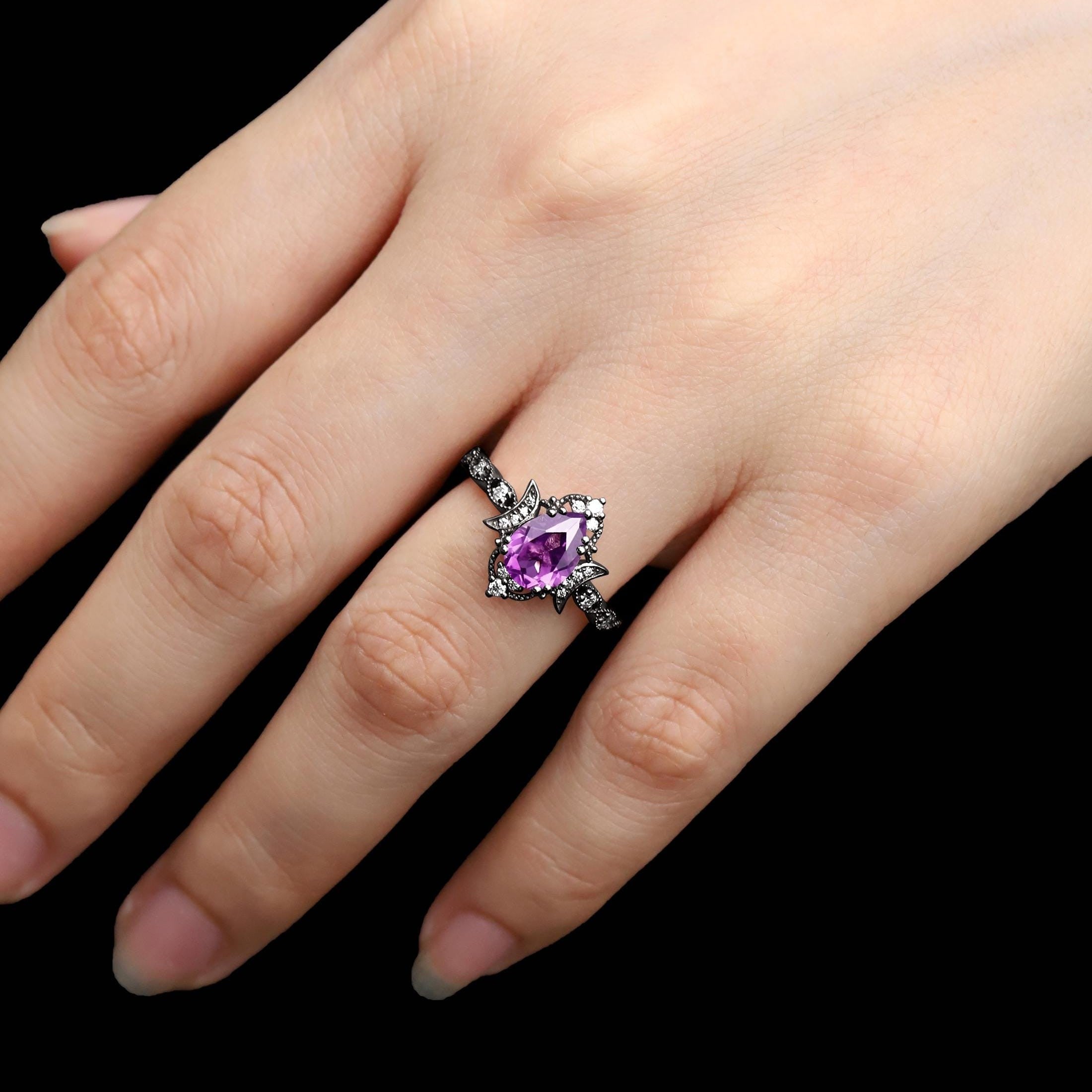 Art Deco amethyst wedding ring black gold couple ring set promise rings his and her rings - anerjuly