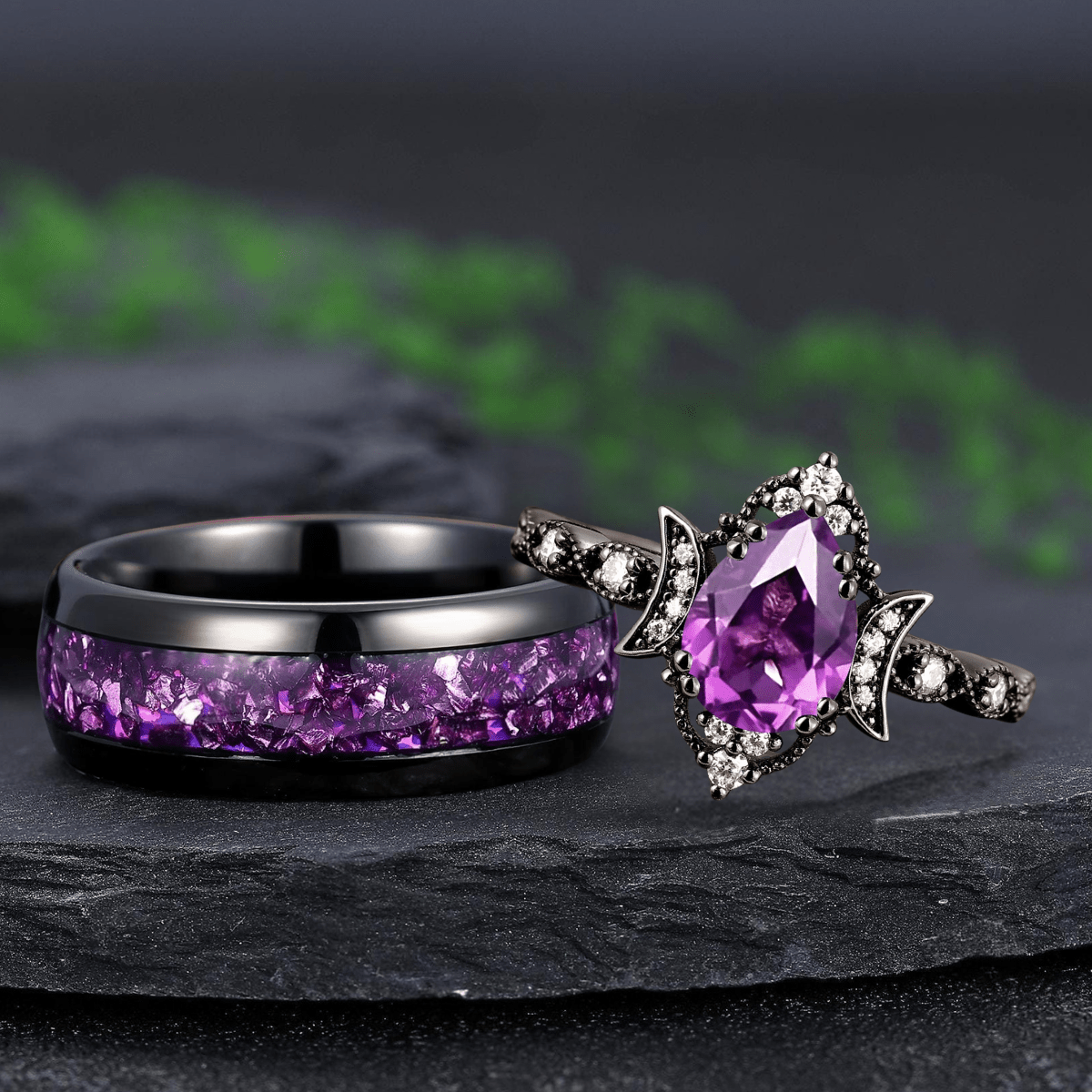 Art Deco amethyst wedding ring black gold couple ring set promise rings his and her rings - anerjuly