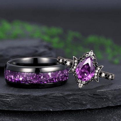 Art Deco amethyst wedding ring black gold couple ring set promise rings his and her rings - anerjuly