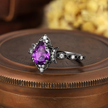 Art Deco amethyst wedding ring black gold couple ring set promise rings his and her rings - anerjuly