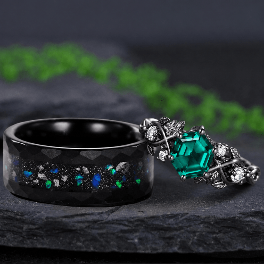 Art Deco Emerald Leaf Design Tungsten Unique His and Hers Rings Couple Ring - anerjuly