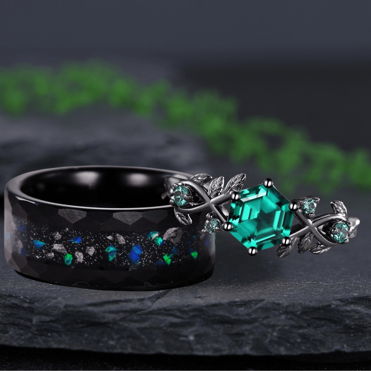 Art Deco Emerald Leaf Design Tungsten Unique His and Hers Rings Couple Ring - anerjuly