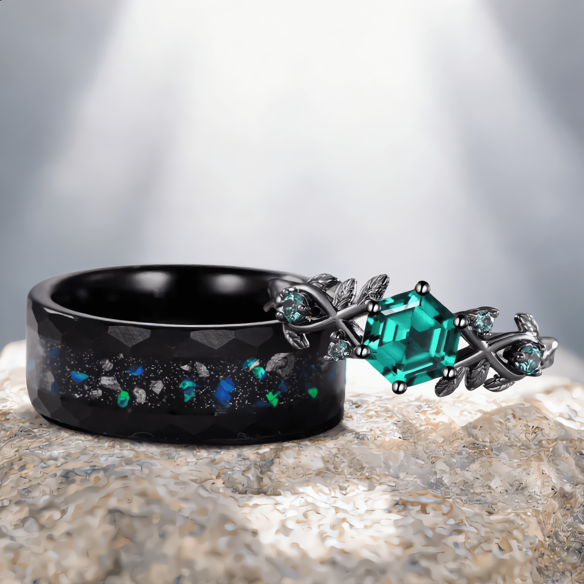 Art Deco Emerald Leaf Design Tungsten Unique His and Hers Rings Couple Ring - anerjuly