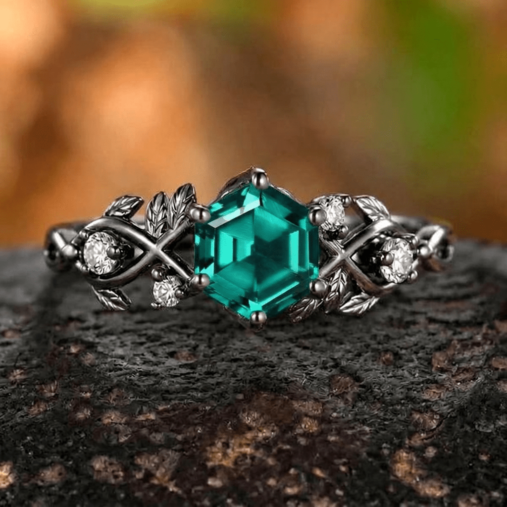 Art Deco Emerald Leaf Design Tungsten Unique His and Hers Rings Couple Ring - anerjuly