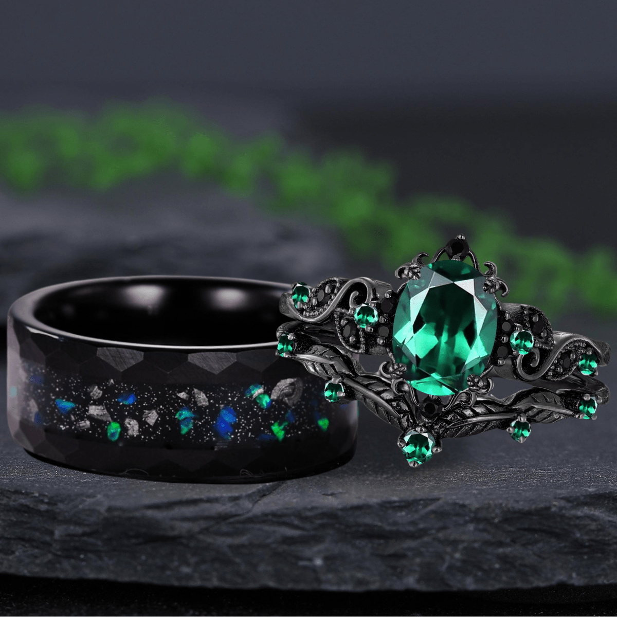 Art Deco Emerald Oval Leaf Design Tungsten Unique His and Hers Rings Emerald Unique Couple Ring - anerjuly