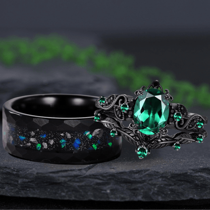 Art Deco Emerald Oval Leaf Design Tungsten Unique His and Hers Rings Emerald Unique Couple Ring - anerjuly