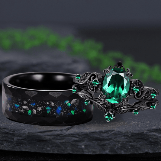 Art Deco Emerald Oval Leaf Design Tungsten Unique His and Hers Rings Emerald Unique Couple Ring - anerjuly