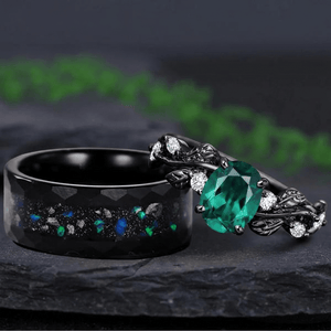 Art Deco Emerald Oval Leaf Design Tungsten Unique His and Hers Rings Emerald Unique Couple Ring - anerjuly
