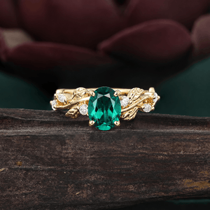 Art Deco Emerald Oval Leaf Design Tungsten Unique His and Hers Rings Emerald Unique Couple Ring - anerjuly