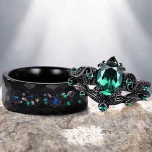 Art Deco Emerald Oval Leaf Design Tungsten Unique His and Hers Rings Emerald Unique Couple Ring - anerjuly