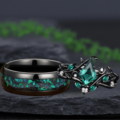 Art Deco Emerald Pear Cut Leaf Design Tungsten Unique His and Hers Rings Emerald Unique Couple Ring - anerjuly