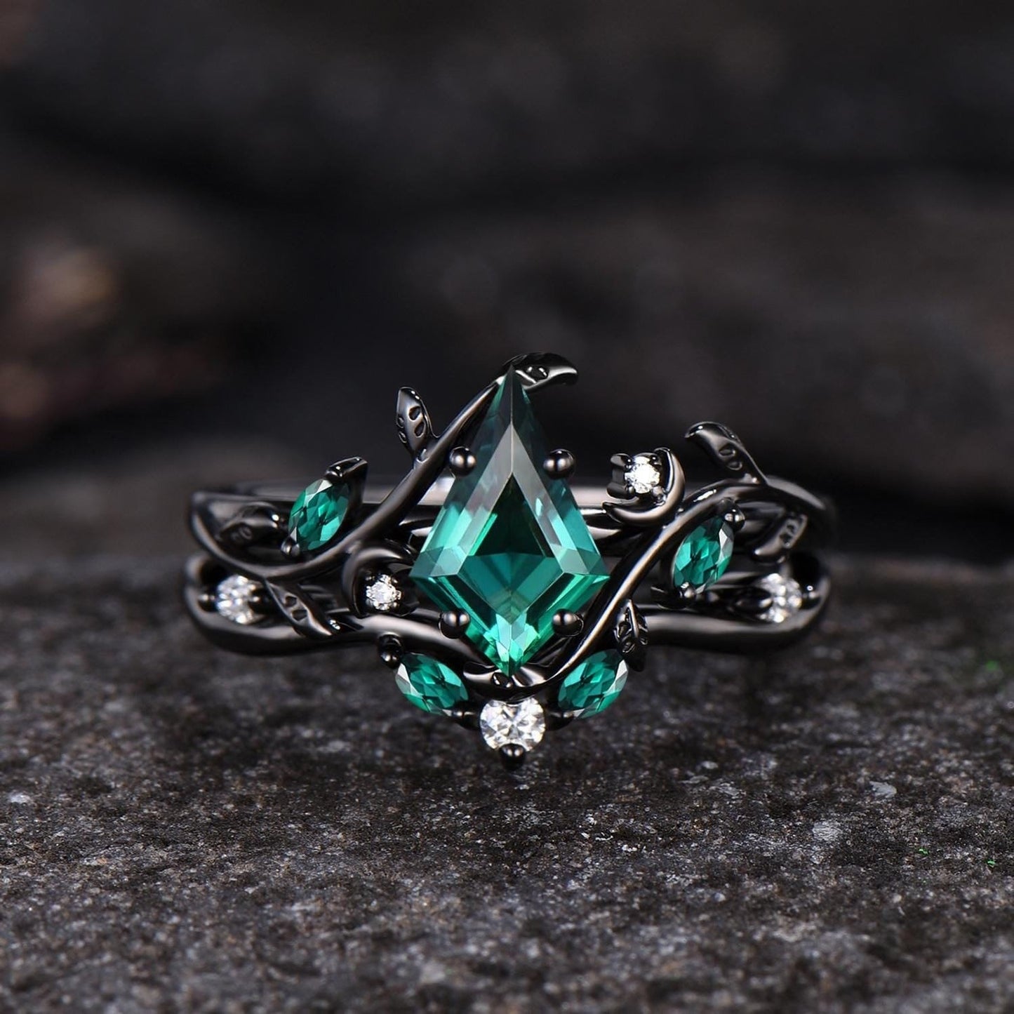 Art Deco Emerald Pear Cut Leaf Design Tungsten Unique His and Hers Rings Emerald Unique Couple Ring - anerjuly