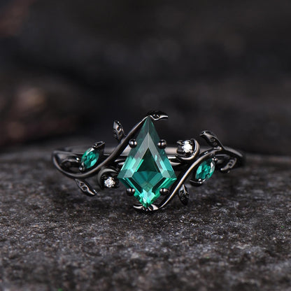 Art Deco Emerald Pear Cut Leaf Design Tungsten Unique His and Hers Rings Emerald Unique Couple Ring - anerjuly