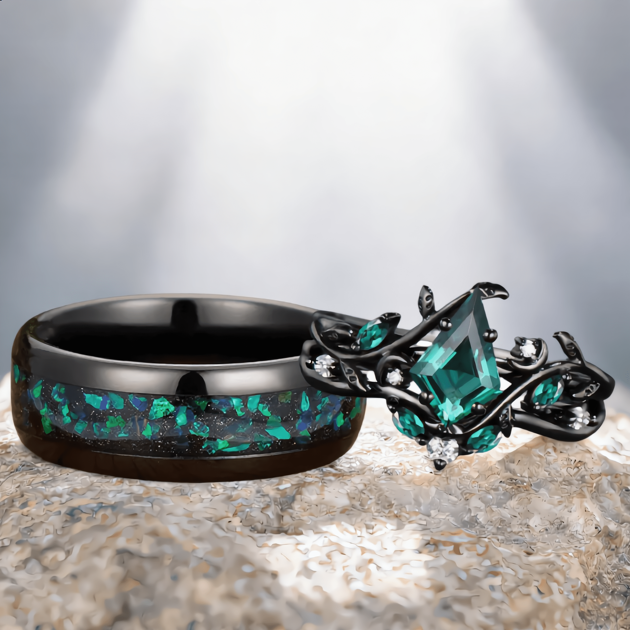 Art Deco Emerald Pear Cut Leaf Design Tungsten Unique His and Hers Rings Emerald Unique Couple Ring - anerjuly