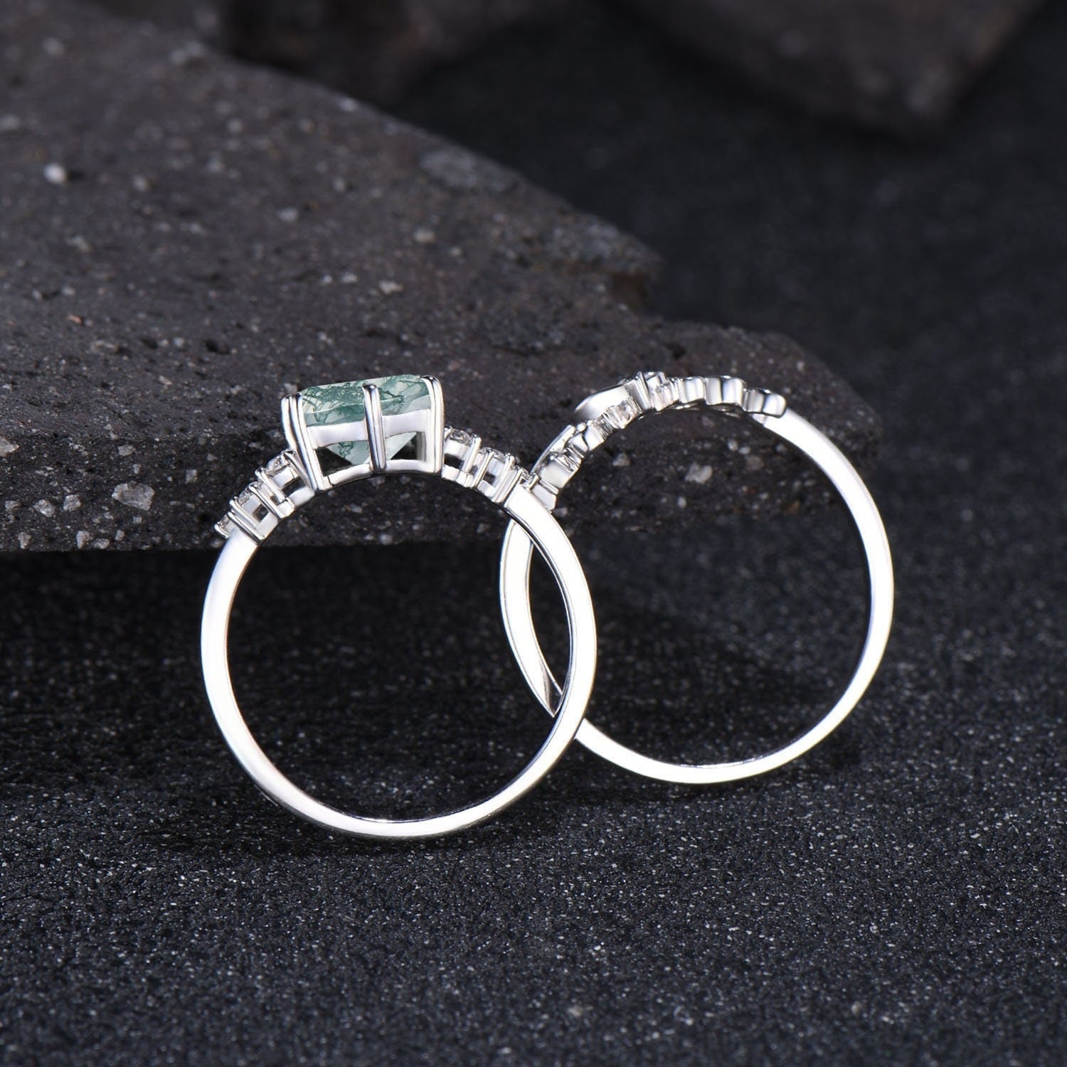 Art Deco Hexagon Cut Unique Moss Agate Couple Ring His and Her Matching Wedding Band - anerjuly