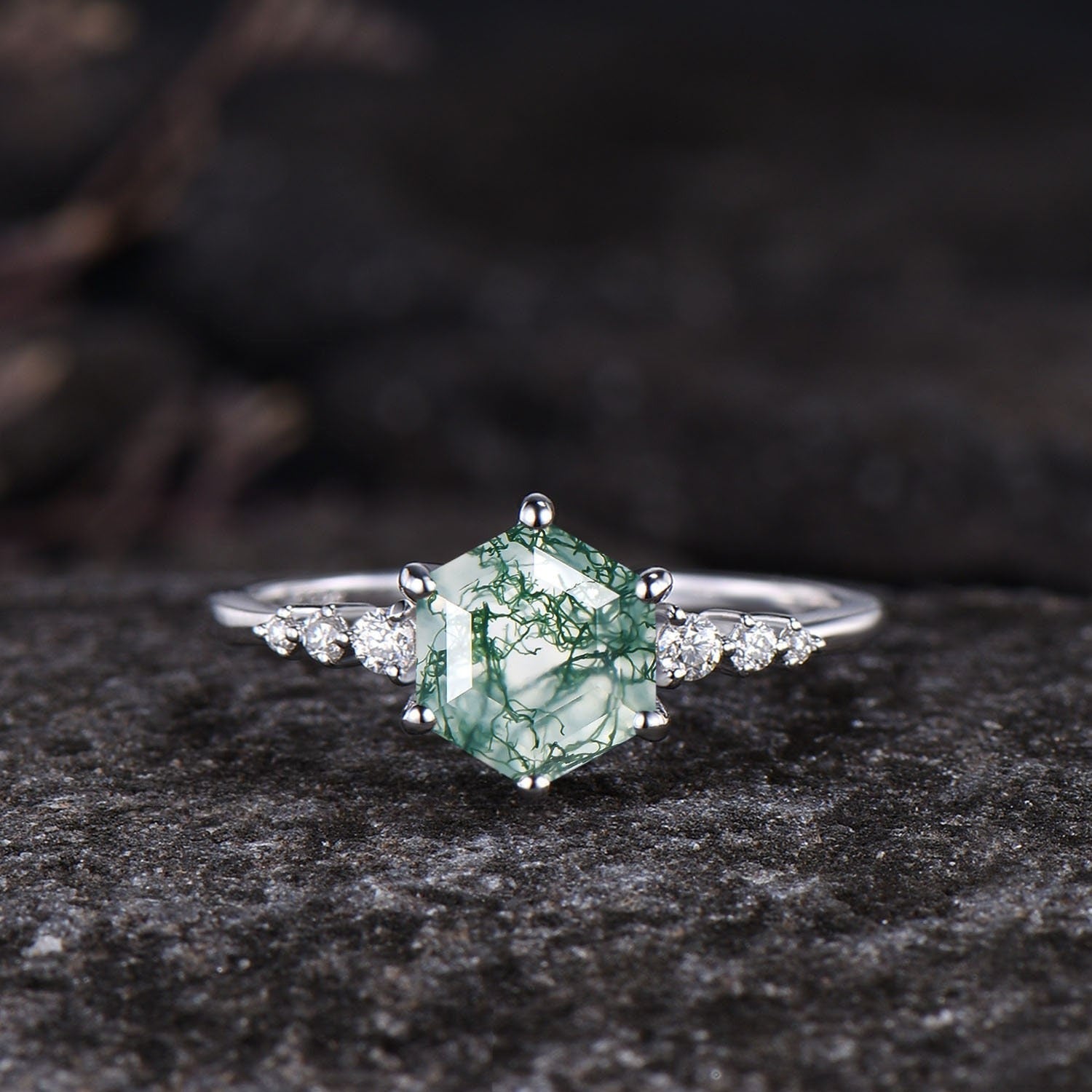 Art Deco Hexagon Cut Unique Moss Agate Couple Ring His and Her Matching Wedding Band - anerjuly