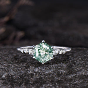 Art Deco Hexagon Cut Unique Moss Agate Couple Ring His and Her Matching Wedding Band - anerjuly