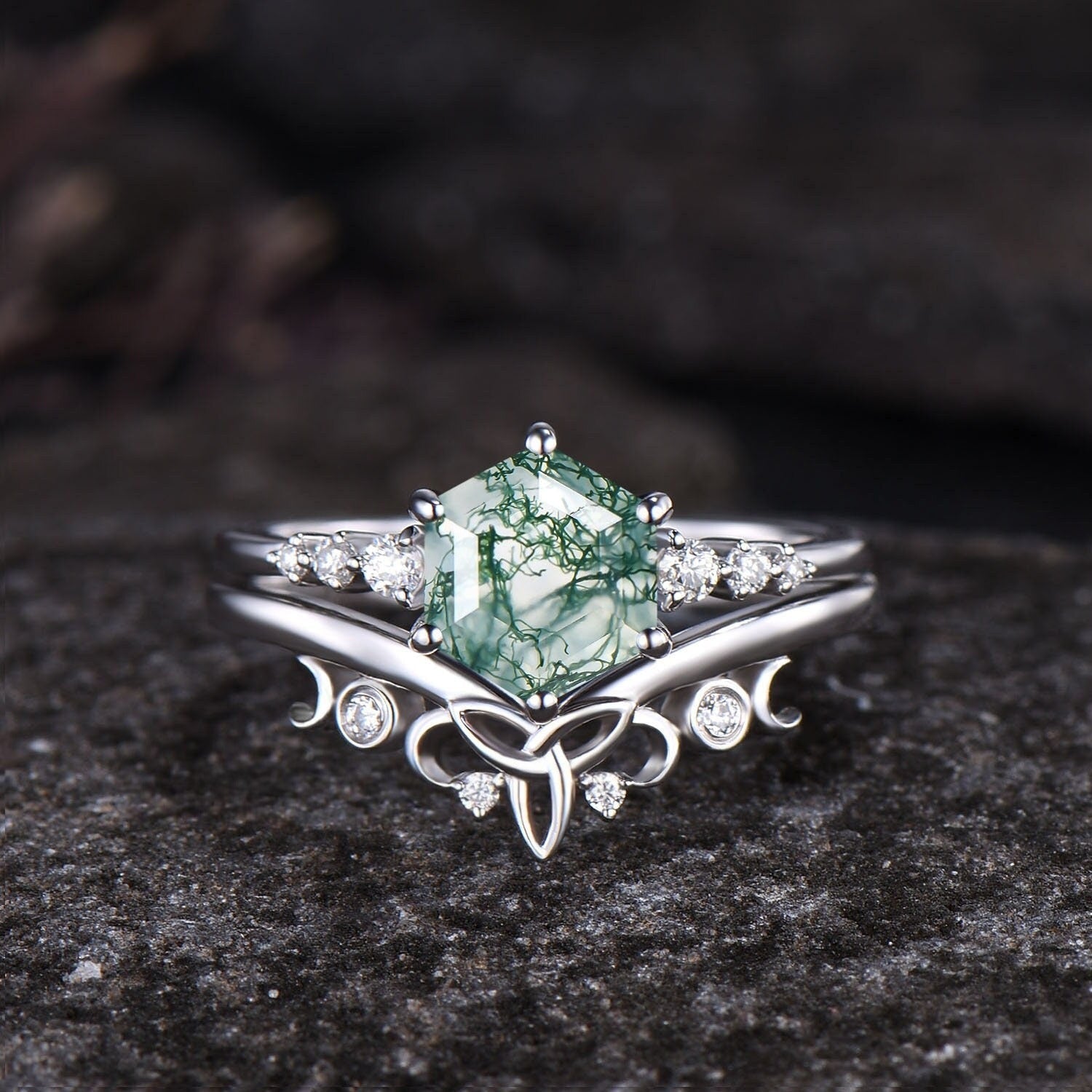 Art Deco Hexagon Cut Unique Moss Agate Couple Ring His and Her Matching Wedding Band - anerjuly