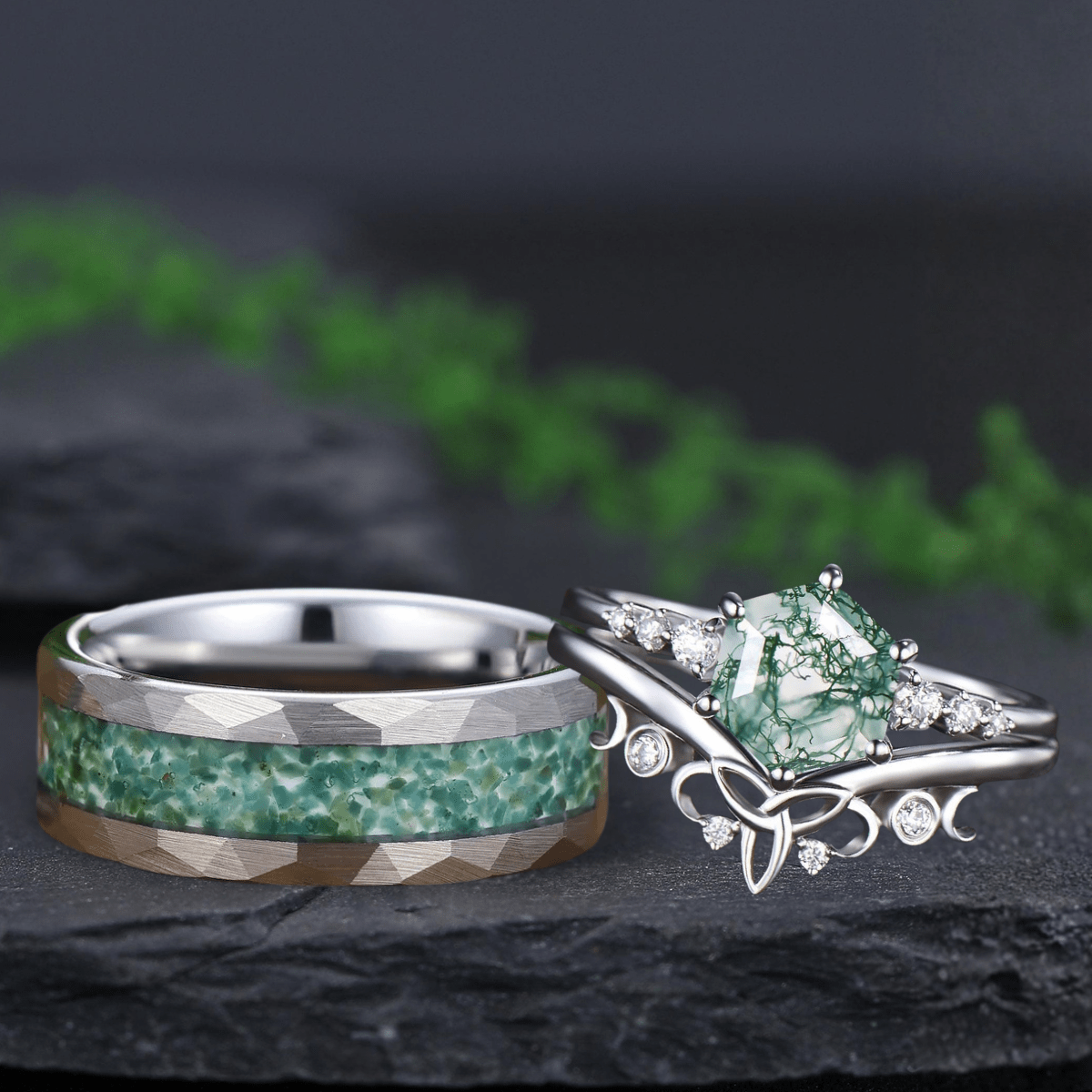 Art Deco Hexagon Cut Unique Moss Agate Couple Ring His and Her Matching Wedding Band - anerjuly