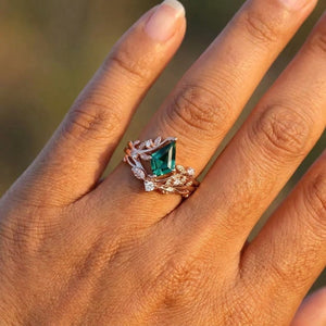 Art Deco Kite Cut Emerald and Glossy Tungsten Couple Ring Set with Peacock Blue Opal Inlay - anerjuly