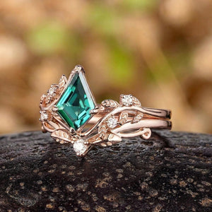 Art Deco Kite Cut Emerald and Glossy Tungsten Couple Ring Set with Peacock Blue Opal Inlay - anerjuly