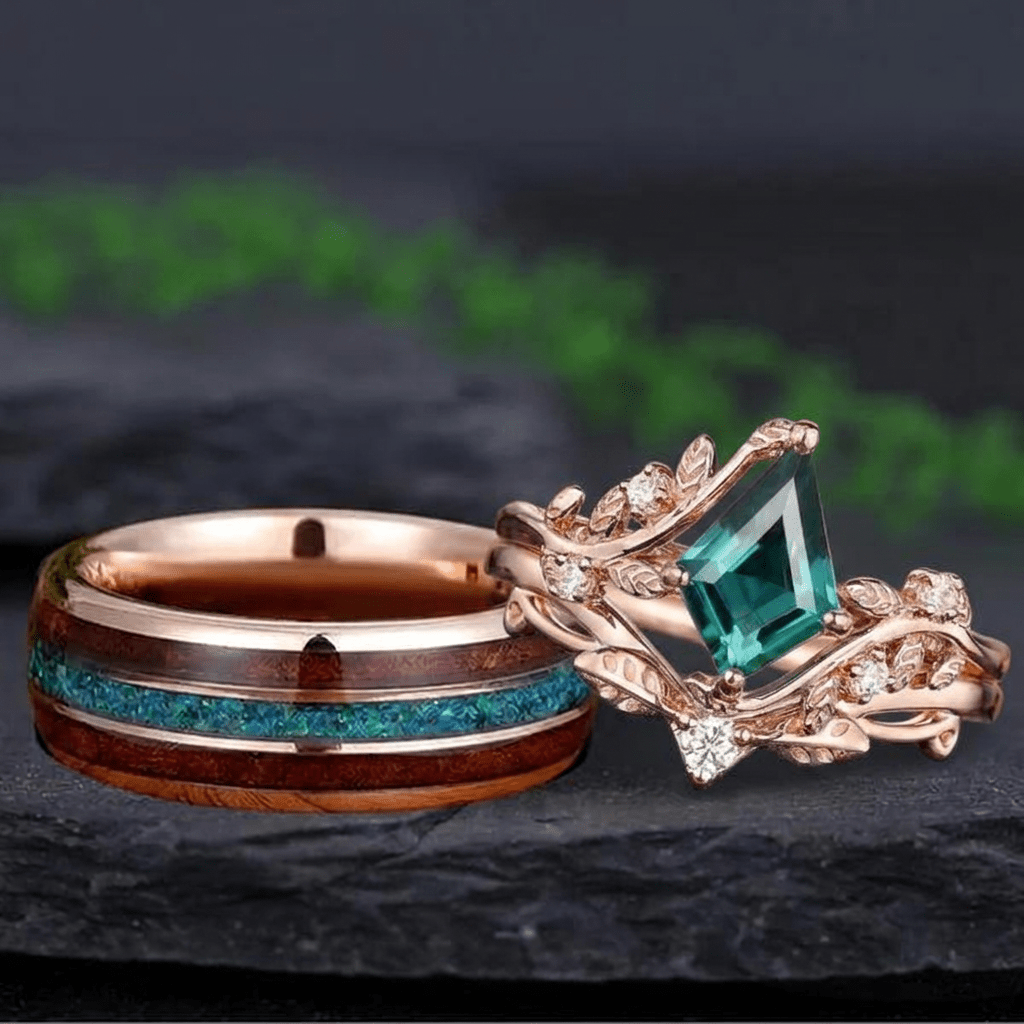 Art Deco Kite Cut Emerald and Glossy Tungsten Couple Ring Set with Peacock Blue Opal Inlay - anerjuly