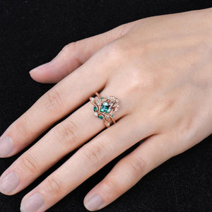 Art Deco Kite Cut Emerald Engagement Ring Set Unique Leaf Nature Inspired Ring - anerjuly