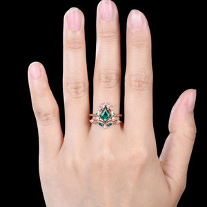 Art Deco Kite Cut Emerald Engagement Ring Set Unique Leaf Nature Inspired Ring - anerjuly