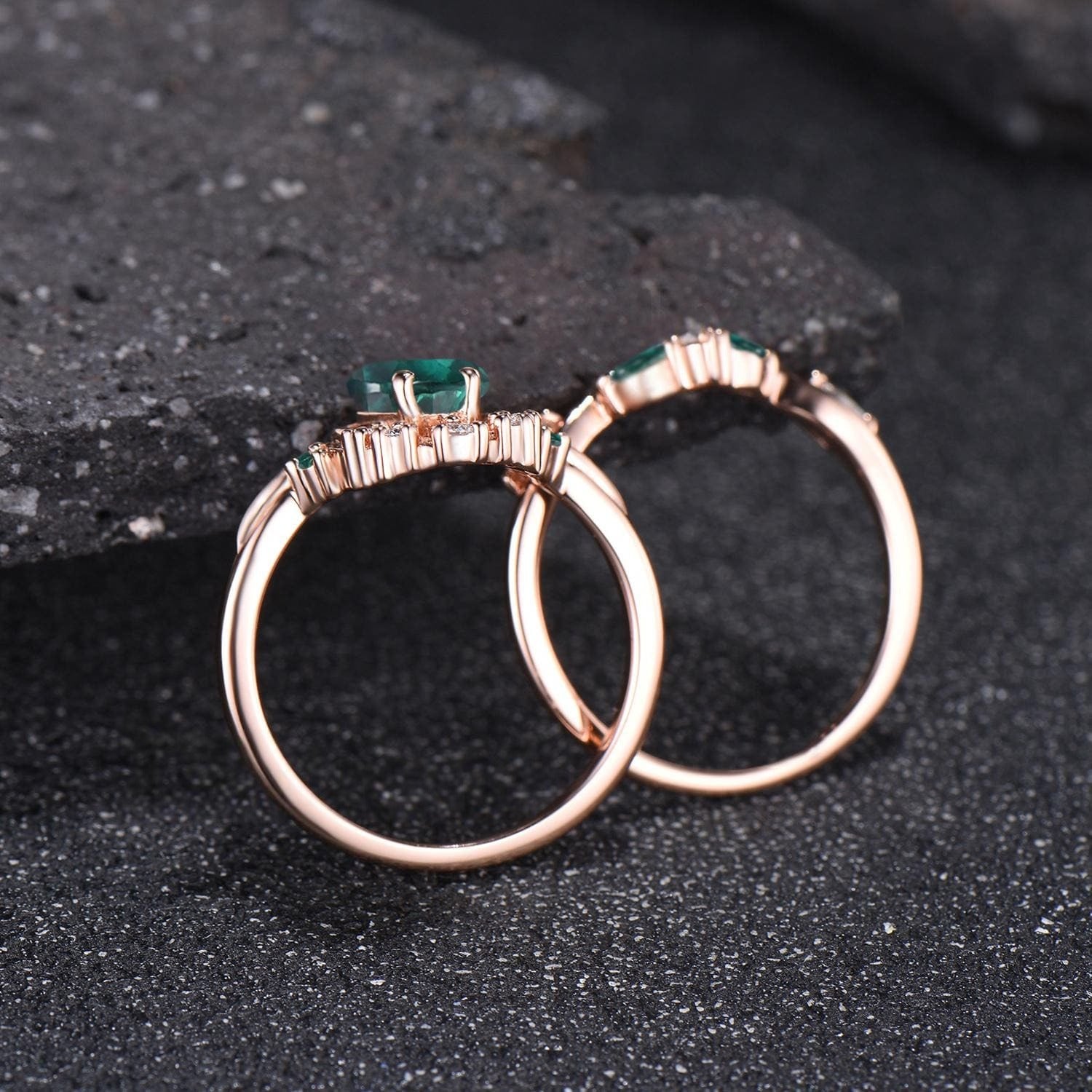 Art Deco Kite Cut Emerald Engagement Ring Set Unique Leaf Nature Inspired Ring - anerjuly