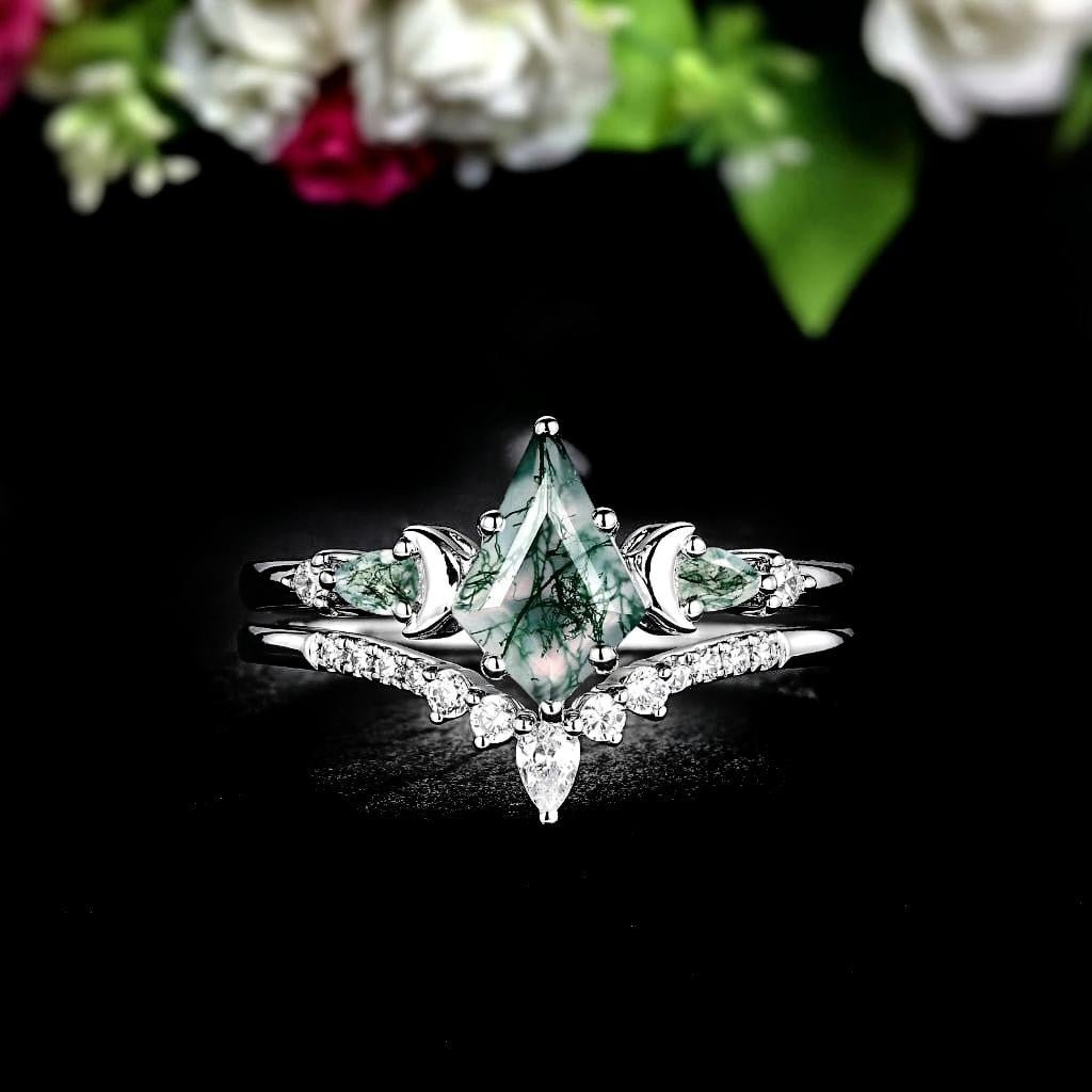 Art Deco Kite Cut Unique Moss Agate Couple Ring His and Her Matching Wedding Band - anerjuly