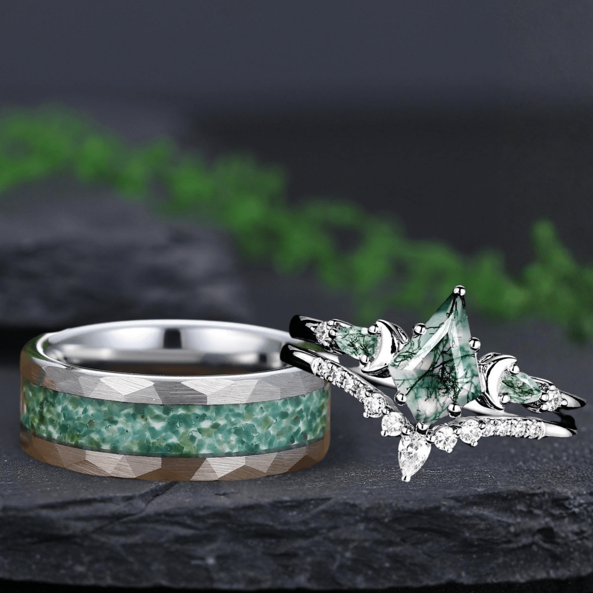 Art Deco Kite Cut Unique Moss Agate Couple Ring His and Her Matching Wedding Band - anerjuly