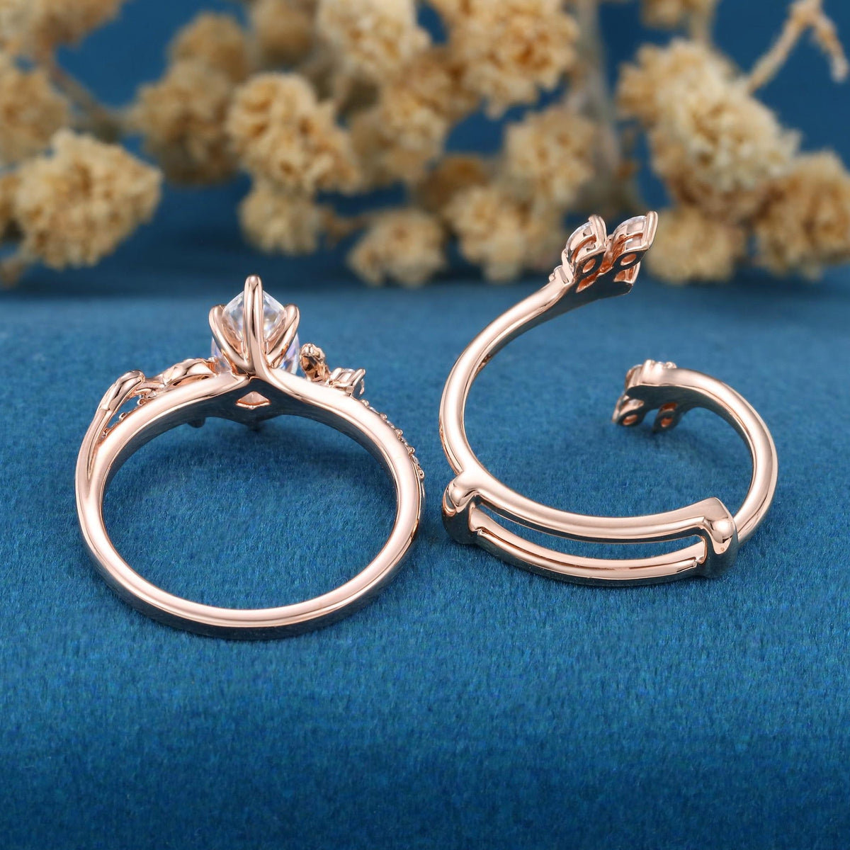 Art Deco Marquise Cut White Moissanite Engagement Ring Set - anerjuly