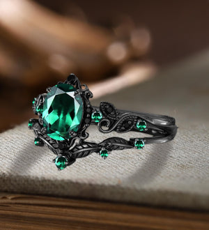Art Deco Oval Cut Emerald Engagement Ring Sets Gothic Leaf Enhance Stack Curved Wedding Band - anerjuly