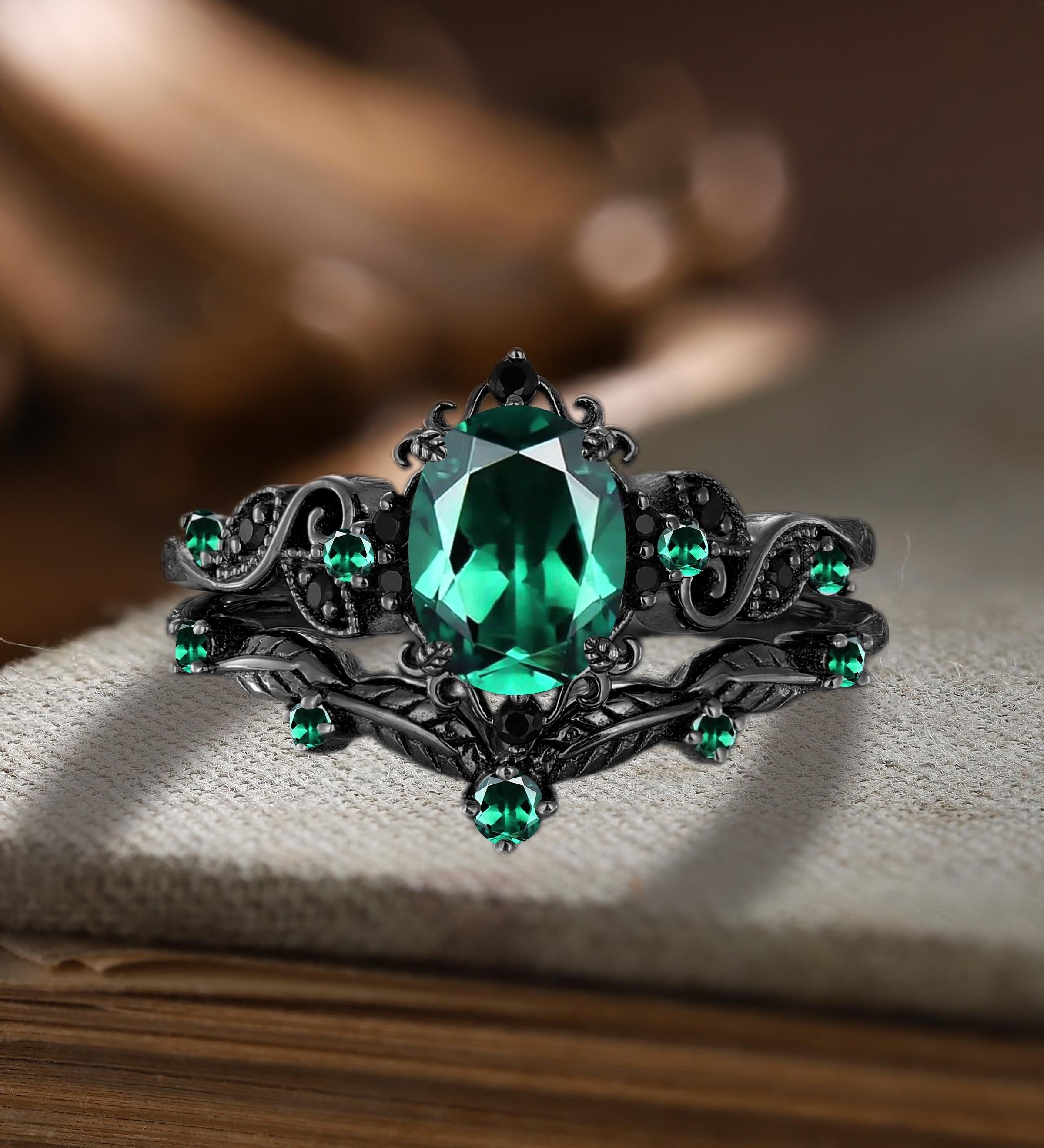 Art Deco Oval Cut Emerald Engagement Ring Sets Gothic Leaf Enhance Stack Curved Wedding Band - anerjuly