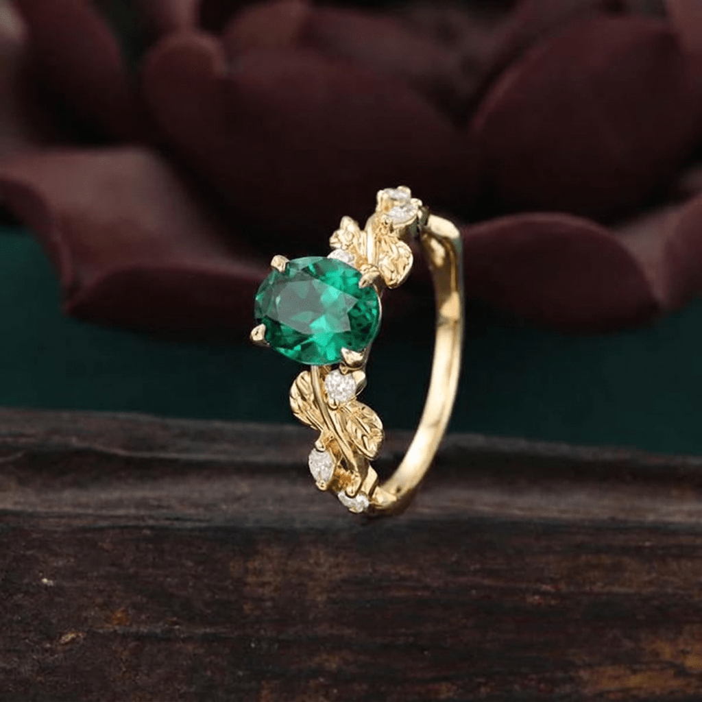 Art Deco Oval Cut Emerald Engagement Ring Sets Gothic Leaf Enhance Stack Curved Wedding Band - anerjuly
