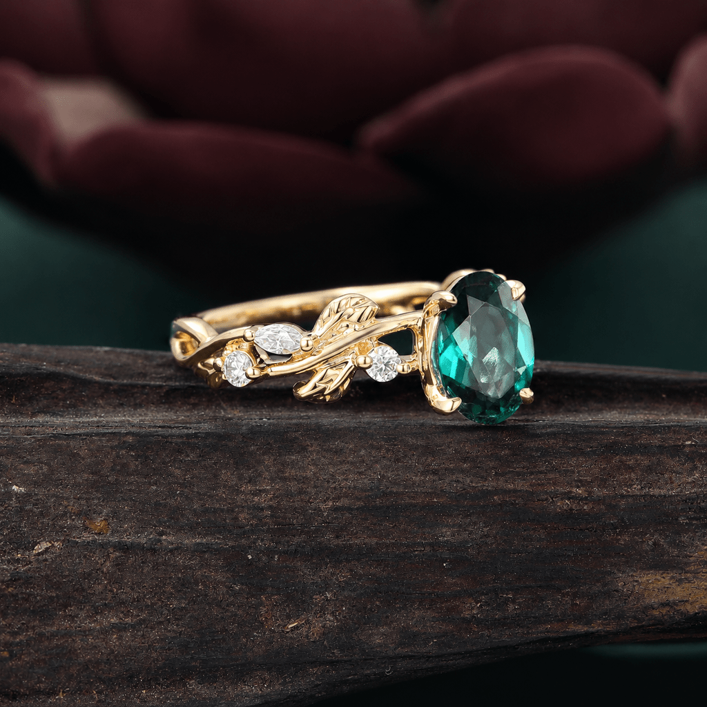 Art Deco Oval Cut Emerald Engagement Ring Sets Gothic Leaf Enhance Stack Curved Wedding Band - anerjuly
