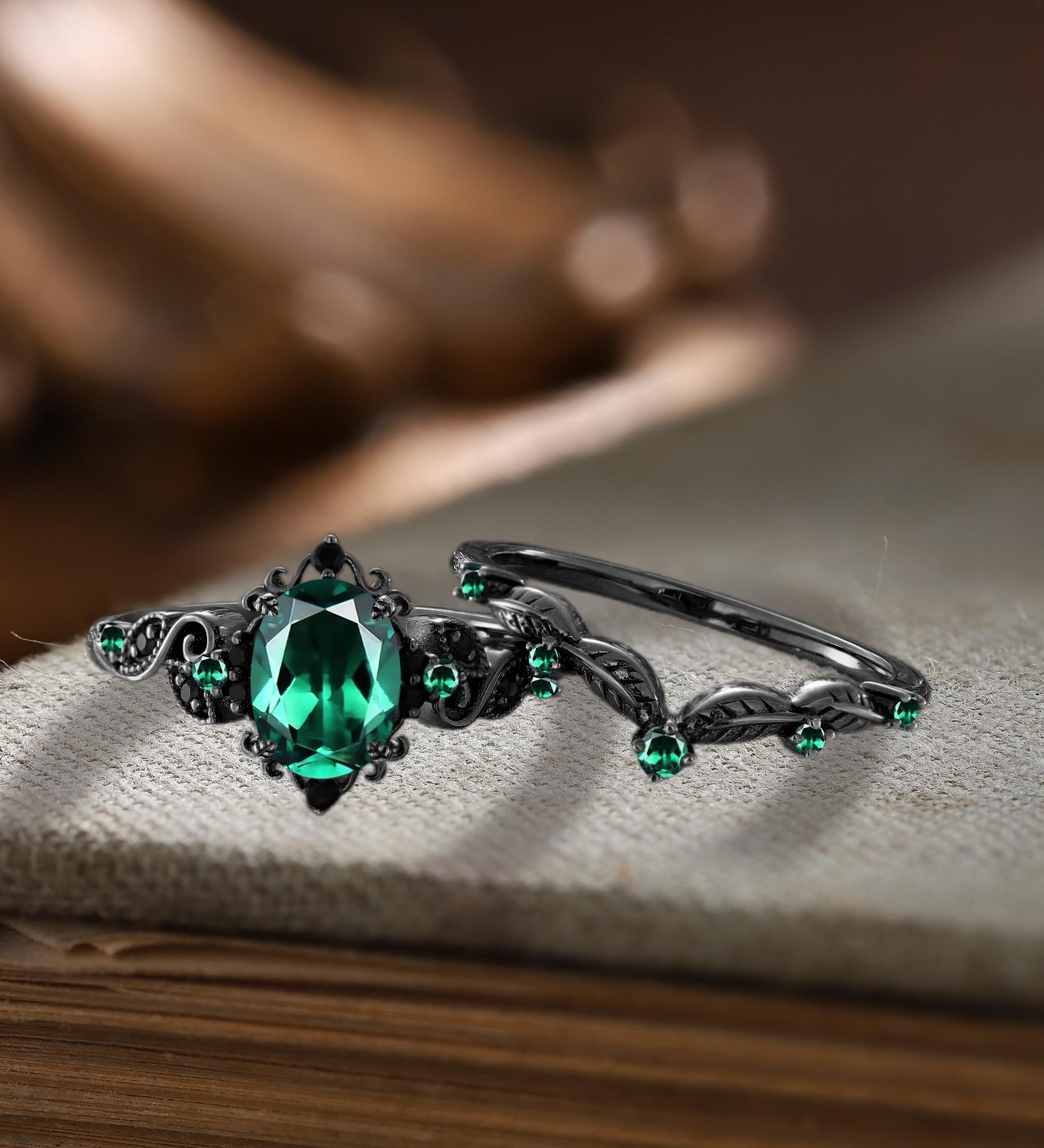 Art Deco Oval Cut Emerald Engagement Ring Sets Gothic Leaf Enhance Stack Curved Wedding Band - anerjuly