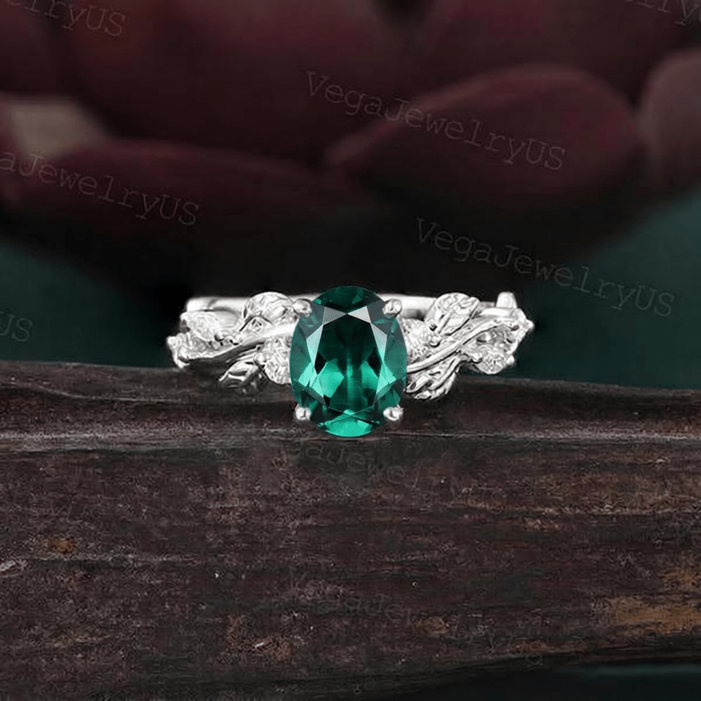 Art Deco Oval Cut Emerald Engagement Ring Sets Gothic Leaf Enhance Stack Curved Wedding Band - anerjuly