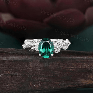 Art Deco Oval Cut Emerald Engagement Ring Sets Gothic Leaf Enhance Stack Curved Wedding Band - anerjuly