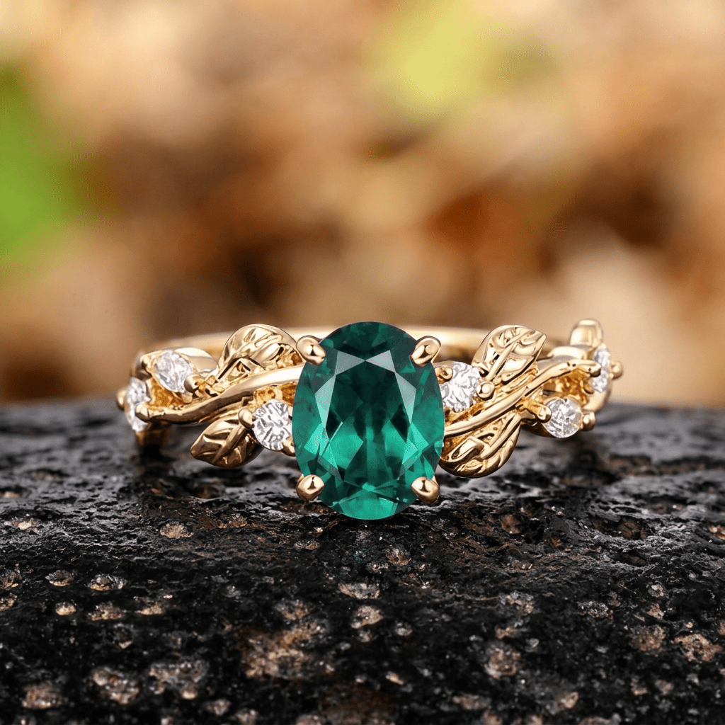 Art Deco Oval Cut Emerald Engagement Ring Sets Gothic Leaf Enhance Stack Curved Wedding Band - anerjuly