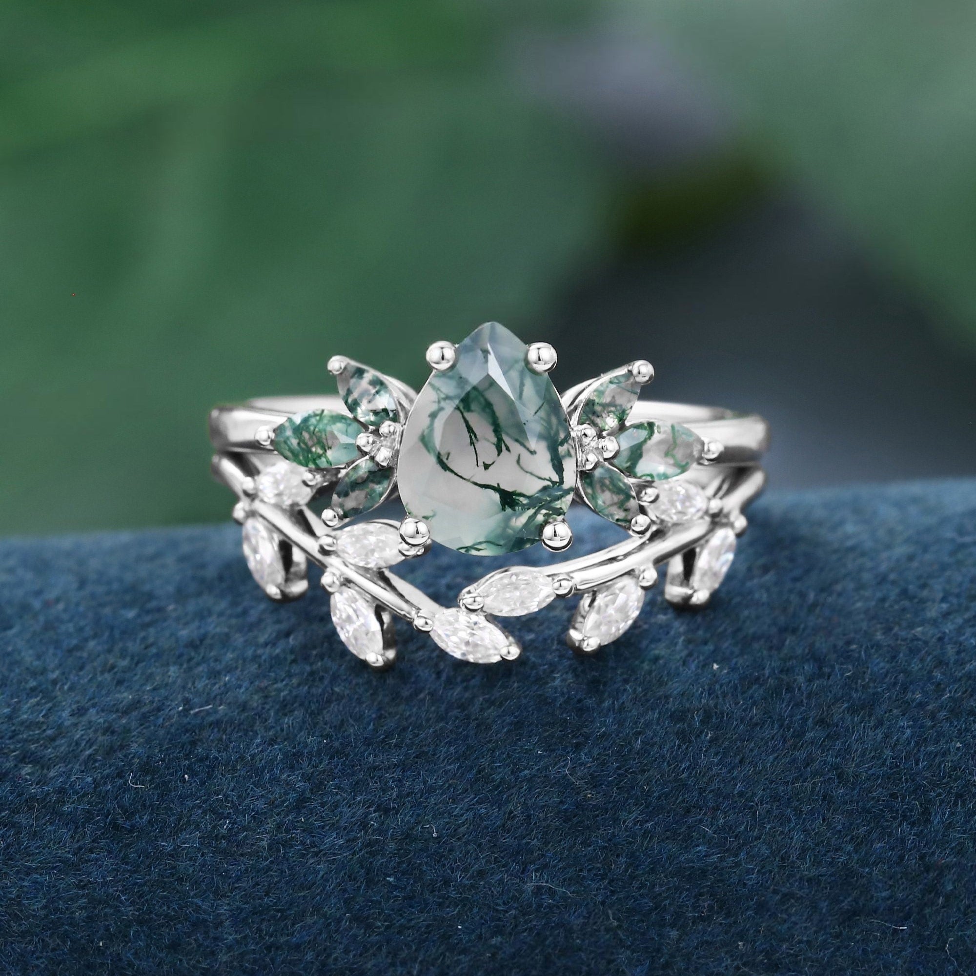 Art Deco Pear shaped Unique Moss Agate Couple Ring His and Her Matching Rings - anerjuly