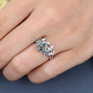 Art Deco Pear shaped Unique Moss Agate Couple Ring His and Her Matching Rings - anerjuly