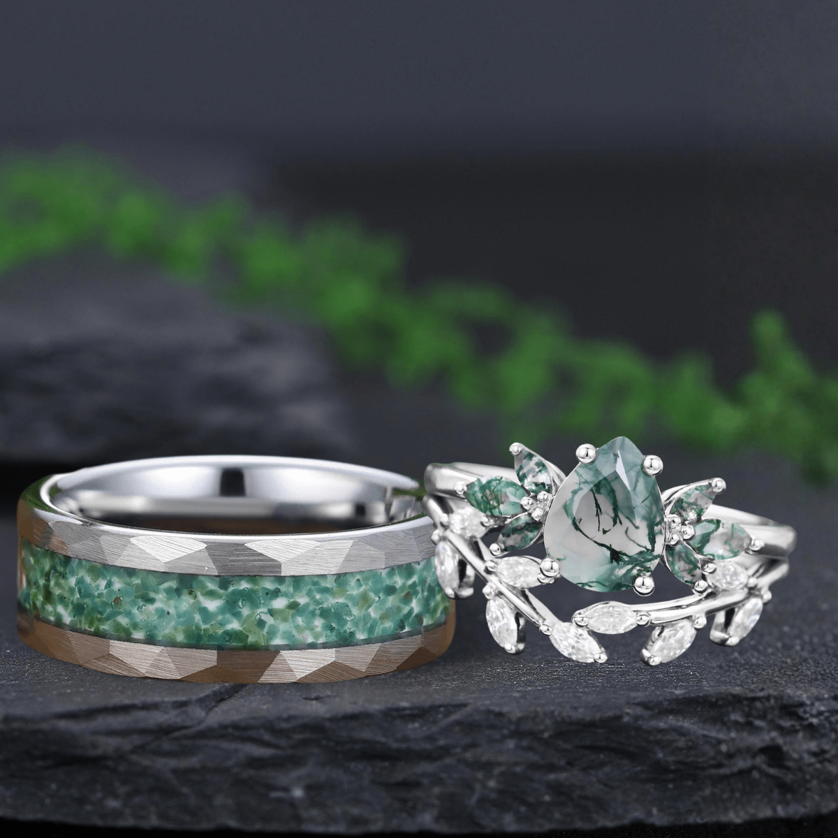 Art Deco Pear shaped Unique Moss Agate Couple Ring His and Her Matching Rings - anerjuly