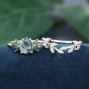 Art Deco Pear shaped Unique Moss Agate Couple Ring His and Her Matching Rings - anerjuly
