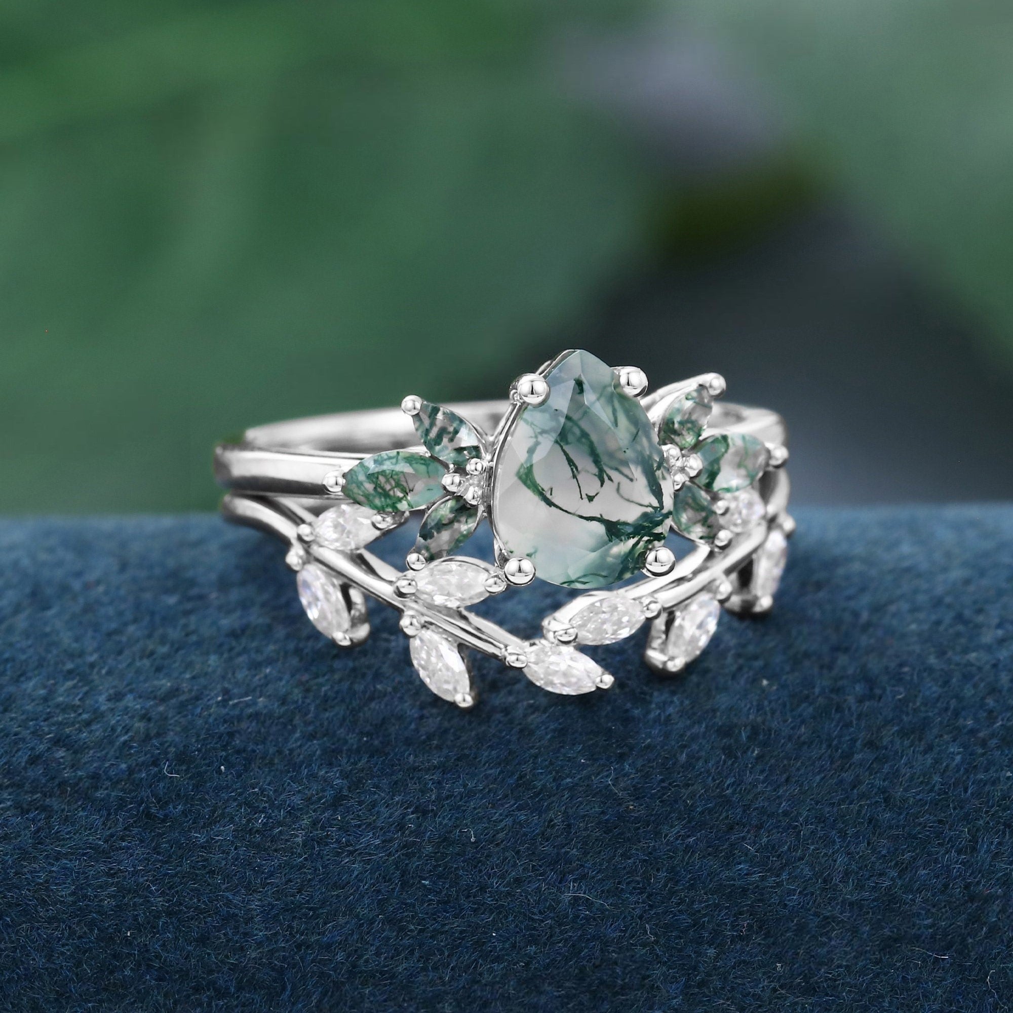 Art Deco Pear shaped Unique Moss Agate Couple Ring His and Her Matching Rings - anerjuly