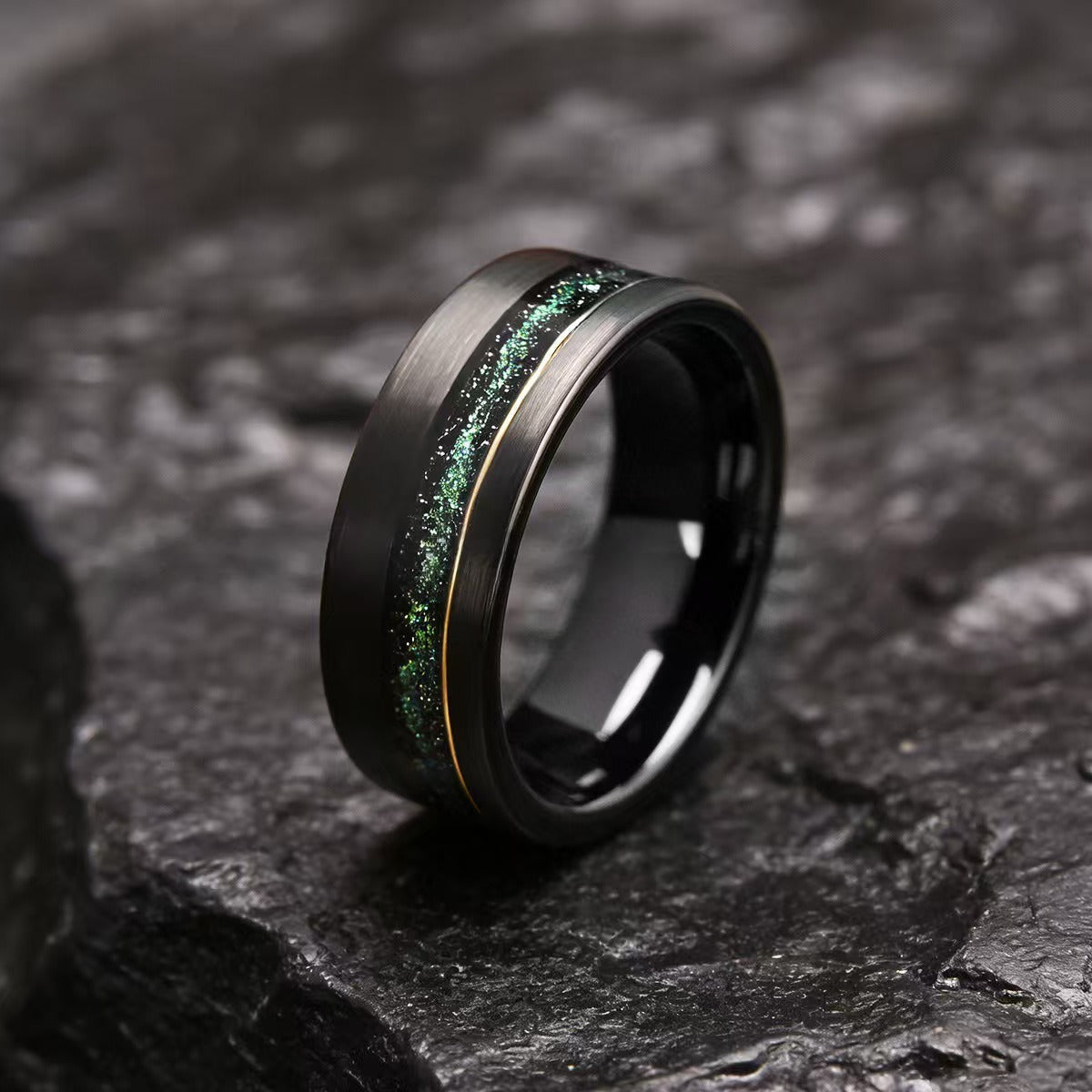 Black Gold Tungsten Ring with Crushed Emerald & Nebula Meteorite Inlay Men's Tungsten Ring - anerjuly
