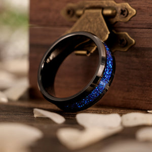 Black Nebula Tungsten Ring with Blue Sandstone Space Galaxy Design - anerjuly